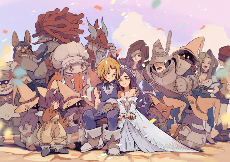 the image shows a group of characters from final fantasy ix at a wedding. zidane tribal and garnet til alexandros xvii are sitting in the center, with garnet wearing a wedding dress. surrounding them are vivi ornitier, freya crescent, steiner, quina quen, eiko carol, and amarant coral. confetti is falling from the sky. the image is a fan art depiction of the characters at a wedding celebration.