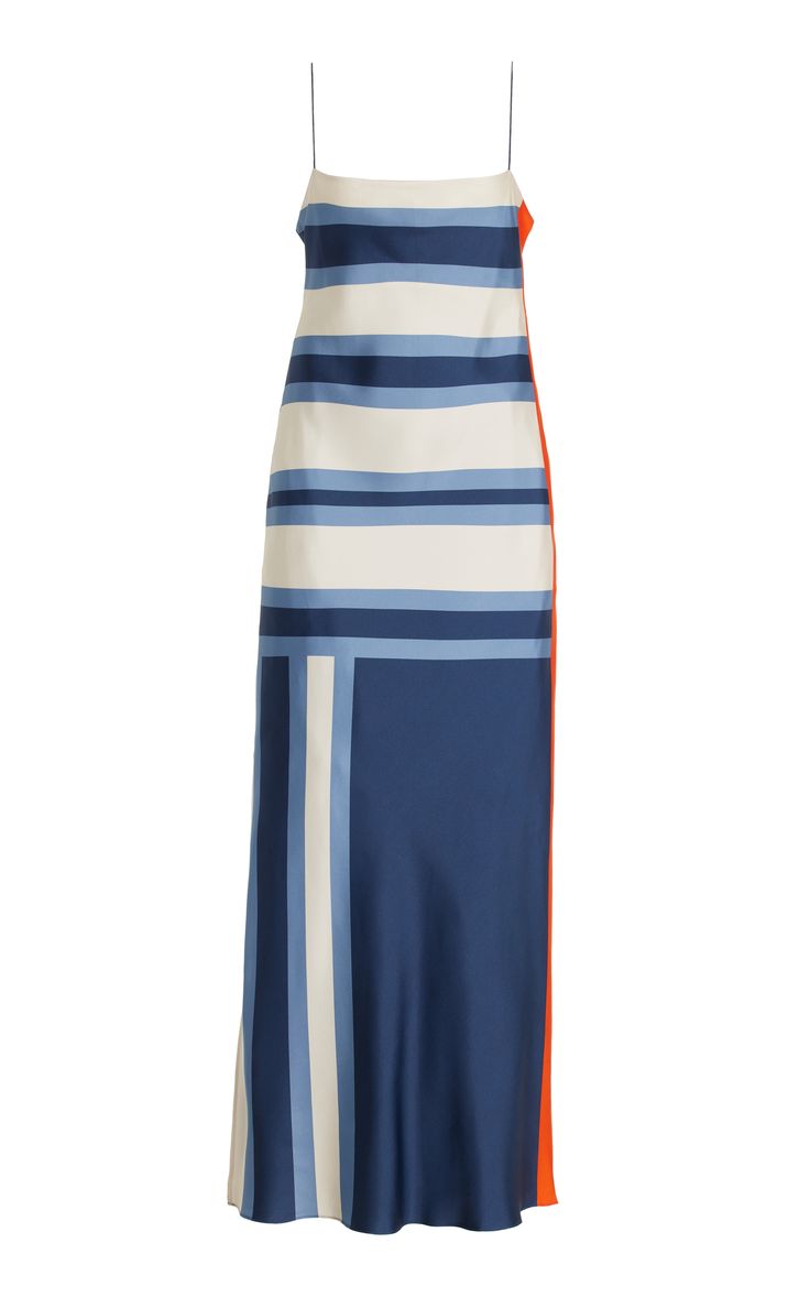 this is a photo of a blue, white, and orange striped maxi slip dress. the dress is sleeveless and made of silky material. it is a casual and elegant dress, perfect for summer. it is a contemporary design.