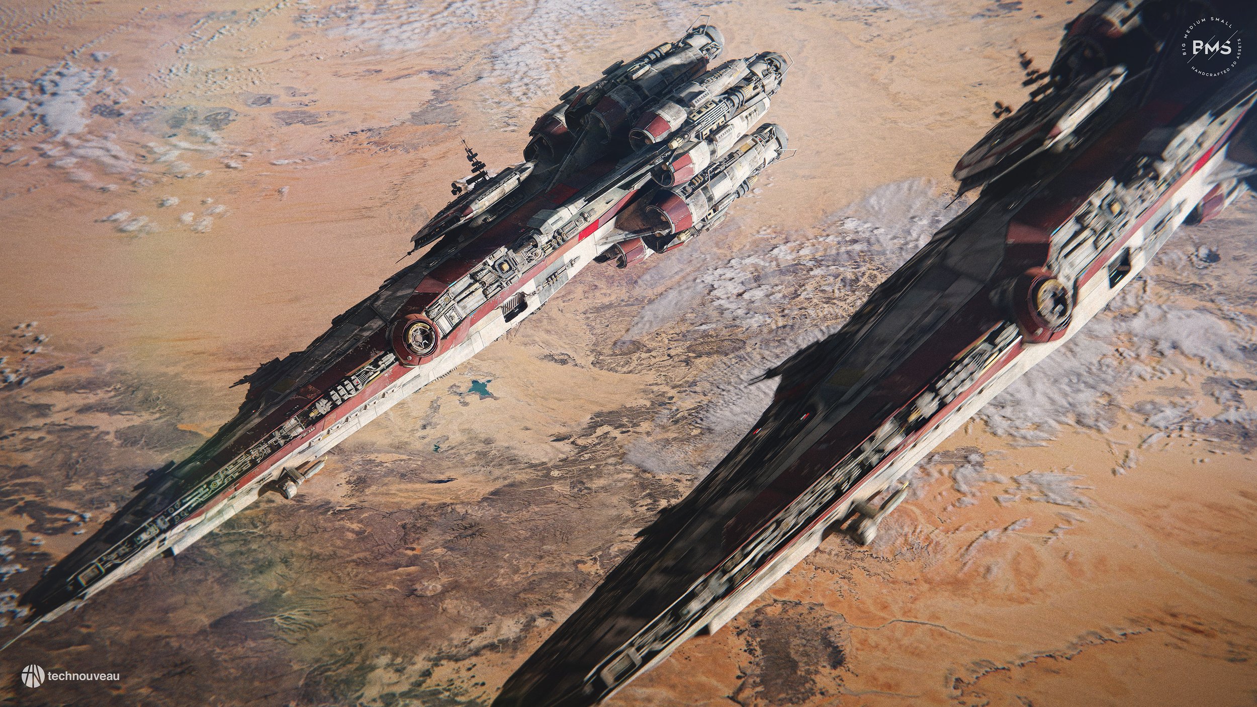 the image shows a digital rendering of two large, long spaceships flying over a desert planet. the spaceships are predominantly red and white, with a weathered or battledamaged appearance. they are flying in close proximity, suggesting a formation or fleet. the desert landscape below is vast and stretches to the horizon, providing a dramatic contrast to the technological detail of the spaceships. the overall style leans towards science fiction, with an emphasis on realism in the rendering of the ships and the environment. the image is highresolution, showing fine details on the ships' surfaces and the texture of the planet's terrain.