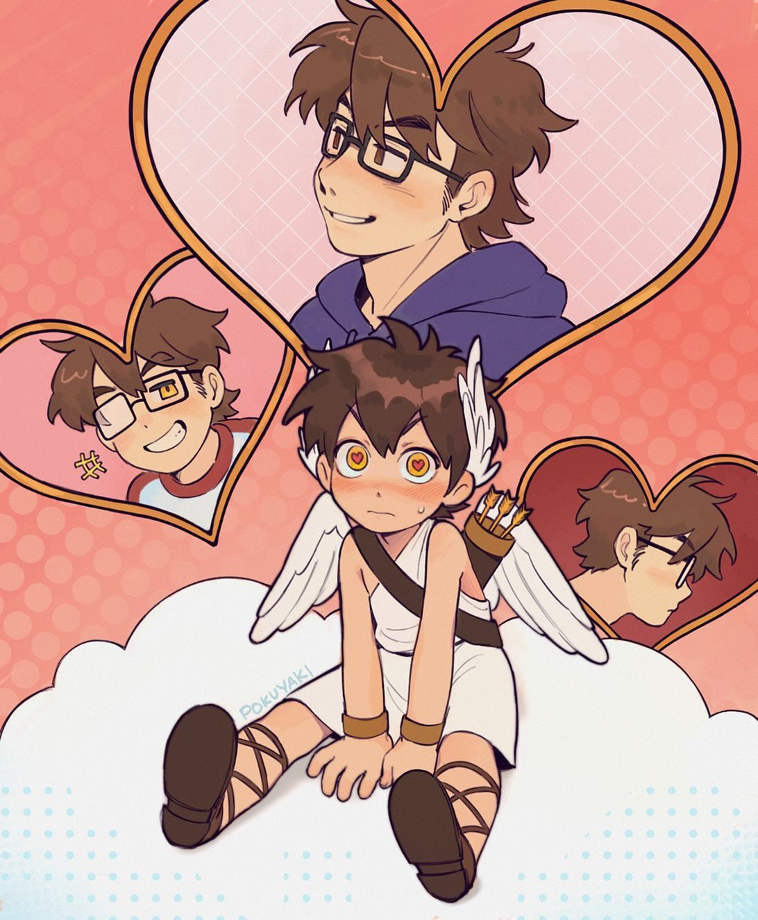 his is a digital drawing of a cute chibistyle cupid sitting on a cloud surrounded by hearts and images of a young man. the cupid has brown hair, light skin and is wearing a white togalike outfit with sandals. he has small wings and a quiver of arrows on his back.  he has hearts in his eyes.  the larger images of the young man are in different phases of his life— one younger and one older.  they appear to be the same person, with glasses and brown hair.  the overall style is cute and romantic, suggestive of valentine's day. the background is pink with a dotted pattern and large hearts surrounding the characters. the artist's signature is visible in the bottom left corner.