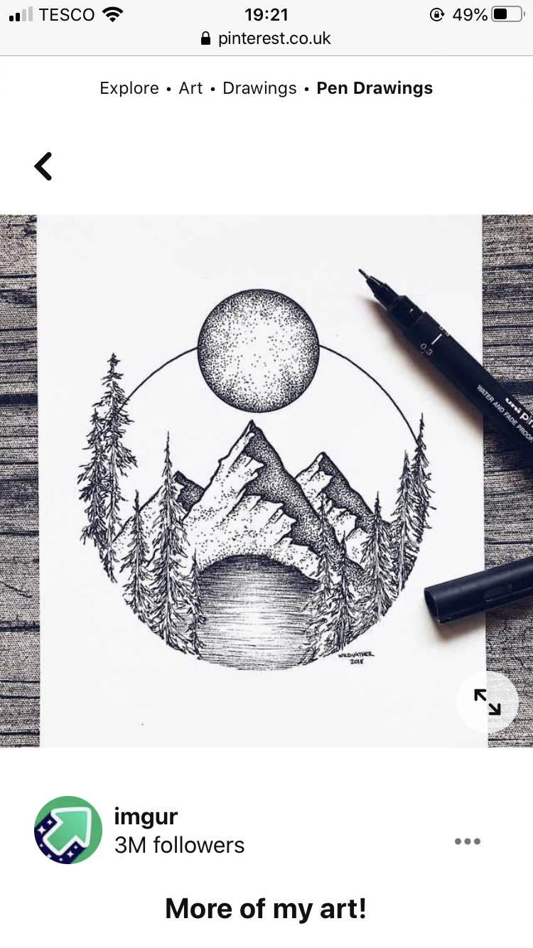 the image showcases a detailed black and white pen drawing of a mountainous landscape. encased within a circle, the drawing features a lake reflecting the surrounding peaks, with a full moon centered at the top. the use of stippling creates depth and texture, highlighting the intricate details of the trees, mountains, and moon's surface.