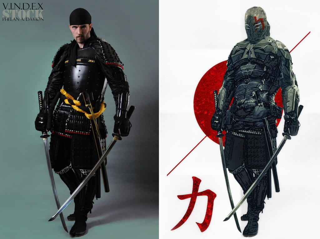 the image is a diptych showing a comparison between a photograph and a digital illustration. the left side displays a photograph of a male model dressed in full samurai armor, including a black helmet and two katanas. he has a serious expression.  the right side presents a stylized digital illustration of the same samurai, but with a futuristic twist – the character's helmet is more modern and sleek, fitting a more tactical or cyberpunk aesthetic. the background of the illustration includes a red circle reminiscent of a rising sun and the japanese kanji character for "power" (力).  the overall style of the illustration is a blend of traditional japanese imagery and contemporary graphic design elements. the image likely showcases the work of v.i.n.d.e.x stock and phelan a. davion, suggesting it may be a stock photo or promotional material for their work.