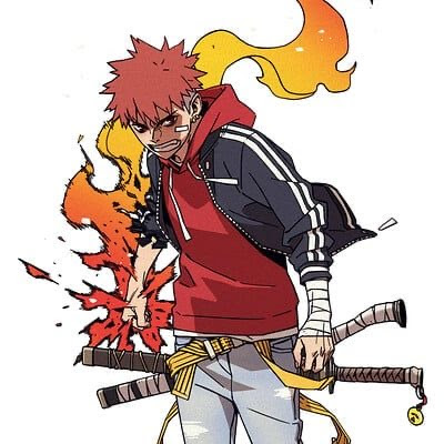 this is an anime illustration of a fiercelooking male character with red hair, a black jacket with white stripes, red jeans, a yellow belt, and a katana. he is surrounded by fire and flames, suggesting he's in the midst of a battle. he looks determined and ready to fight.
