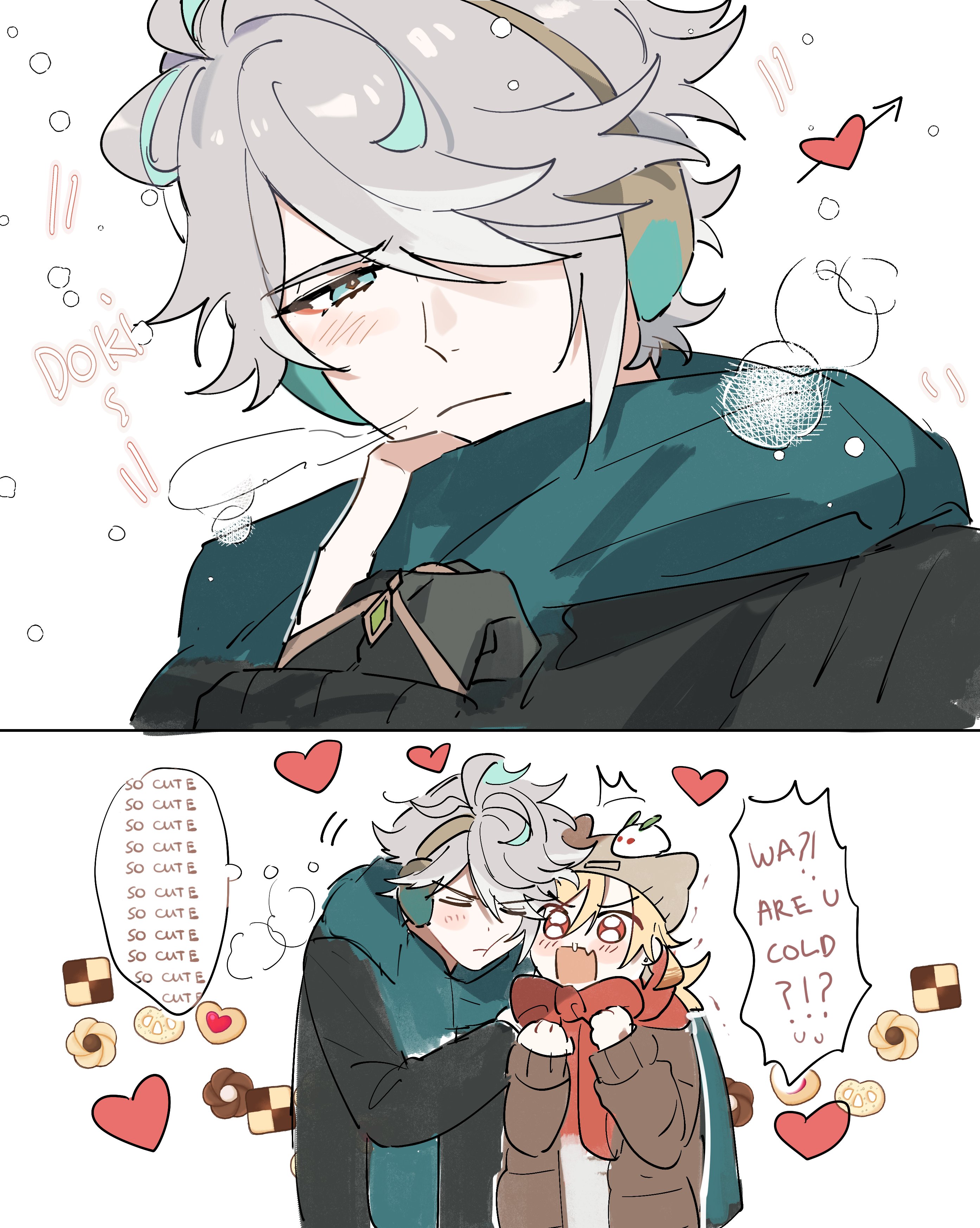 the image is a cute manga illustration of two anime boys in winter clothes. the first one is a boy with long silver hair and a teal scarf is hugging a smaller boy in a brown jacket, and the boy looks cold and is blushing. the image is filled with cute hearts and the text "so cute" on the left side of the frame.  the image is also accompanied with a caption, "wa?! are u cold?!" indicating that the taller boy is concerned about the smaller boy being cold. the image is set against a white background.