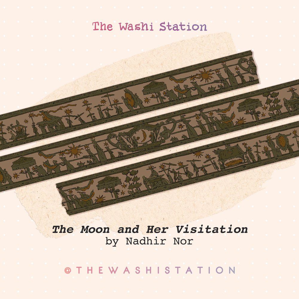 the image showcases three pieces of washi tape with a repeating illustration. the design is reminiscent of a vintage or antique style with figures, celestial elements (stars and a crescent moon), and architectural structures. it is styled on a beige background with a ripped paper texture. text overlays identify the washi tape as "the moon and her visitation" by nadhir nor,  and credit "the washi station" as the source. the overall aesthetic is mystical, earthy, and artistic.