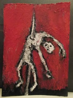 a painting of a figure in an abstract style. the figure is white and is contorted. the figure is set against a red background.