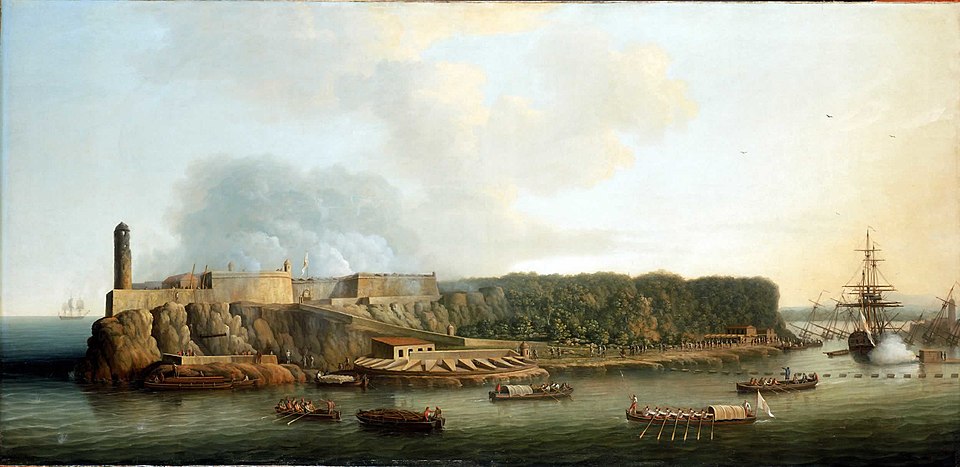 the painting depicts a coastal landscape with a fort and tower situated on cliffs overlooking the water. several boats, including rowing boats and larger ships, are visible in the harbor. trees line the coastline, and people are seen near the dock. smoke rises in the sky, suggesting potential artillery fire or an event. the sky is filled with clouds, and the overall composition suggests a historical or nautical theme.