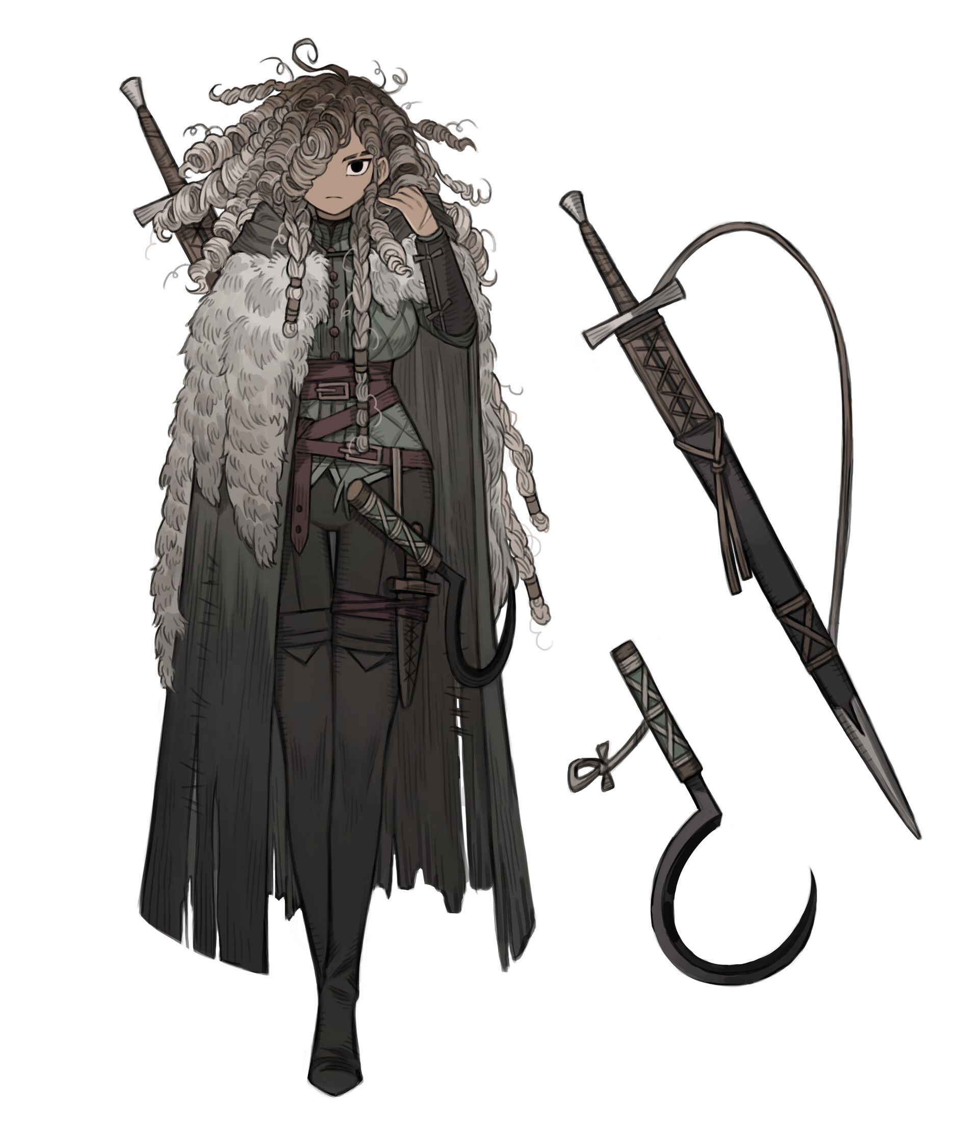 the illustration showcases a female warrior, possibly a character concept for a fantasy setting. she stands confidently, armed with swords and a grappling hook, embodying a sense of adventure and strength. her attire, a blend of furs and dark fabrics, hints at a rugged, practical approach to her perilous lifestyle.