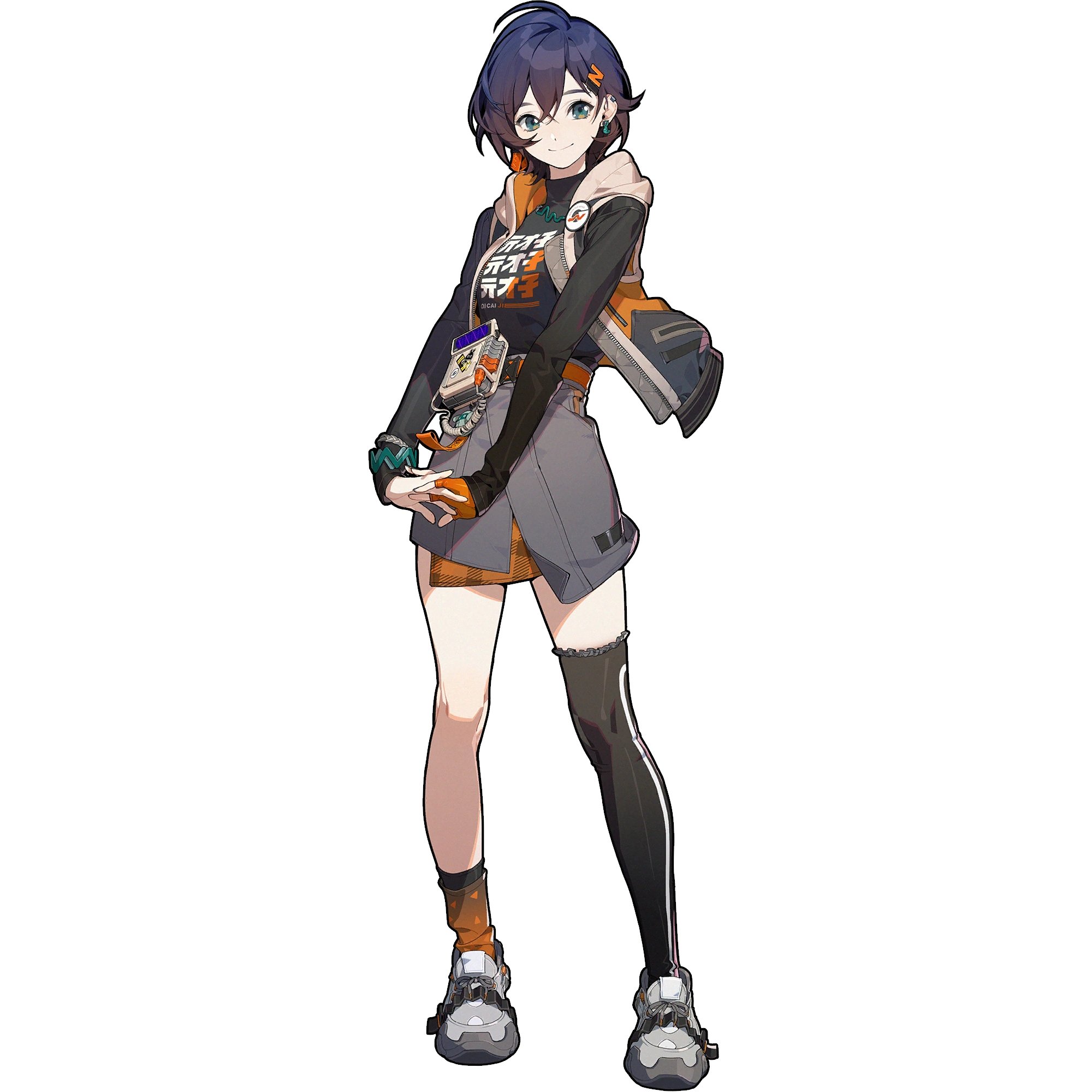he image showcases a fullbody illustration of a female anime character. she possesses short, dark blue hair, teal eyes, and is dressed in a casual yet futuristic outfit. her attire includes a dark gray jacket with orange accents, a black shirt with an illegible logo, a short gray skirt with orange trim, black long socks, and light gray sneakers. she also carries several gadgets, one of which is attached to her hip. the character's pose is confident and relaxed, and the artwork style is digital, with a focus on detailed rendering and vibrant colors. the background is plain white. the overall impression is one of a stylish and selfassured character from a video game or anime series, possibly set in a cyberpunkinspired future.