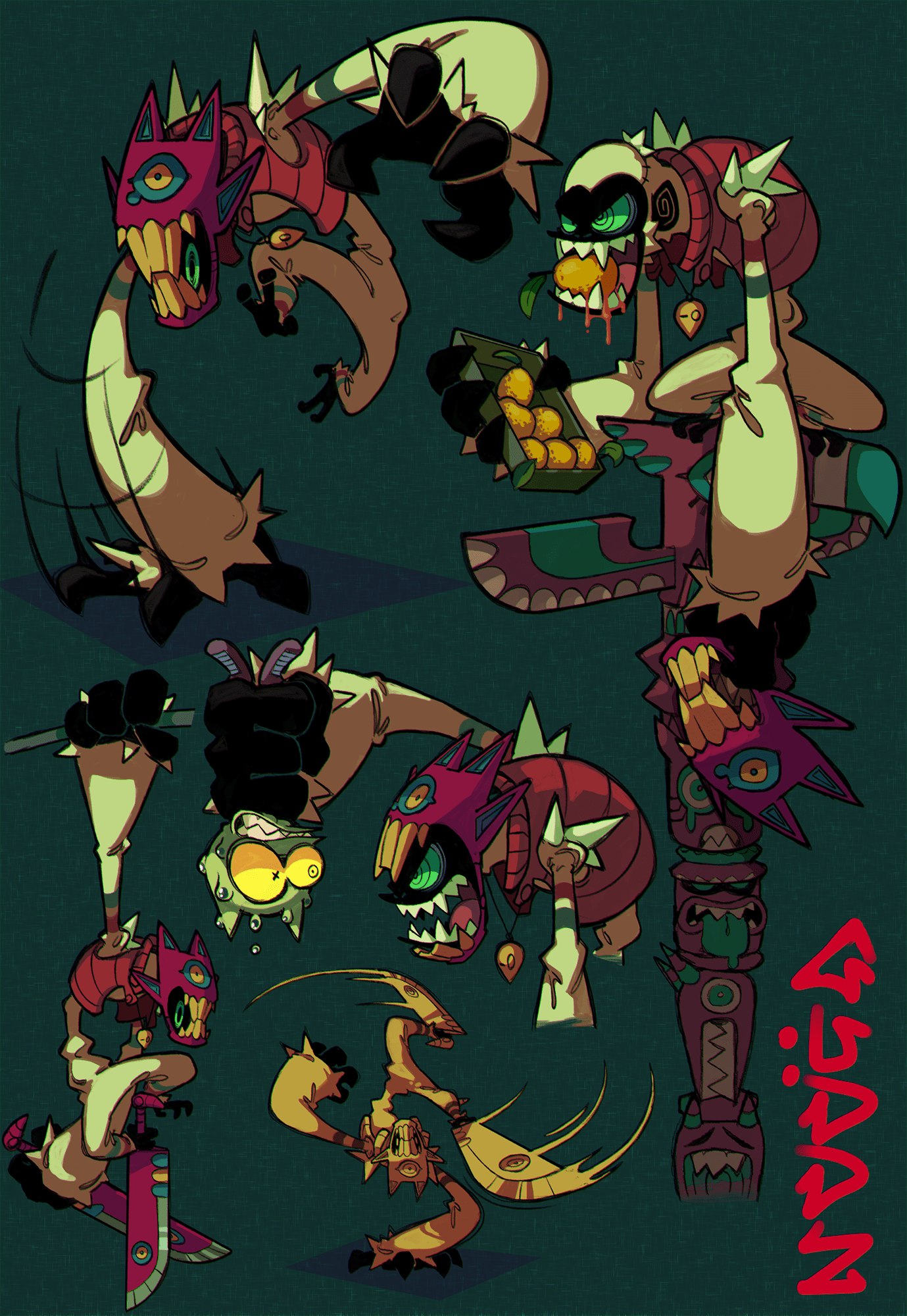 the image showcases dynamic concept art of a monstrous creature in various poses. the creature, rendered with exaggerated features and vibrant colors, appears to be a combination of reptilian and insectoid elements, with sharp claws, horns, spines, and a gaping maw filled with teeth. its body is primarily brown and beige, contrasted by bright red horns and accents of green and yellow. the poses convey a sense of action and aggression, suggesting the creature is engaged in a fight. the style is cartoonish and expressive, emphasizing movement and energy.