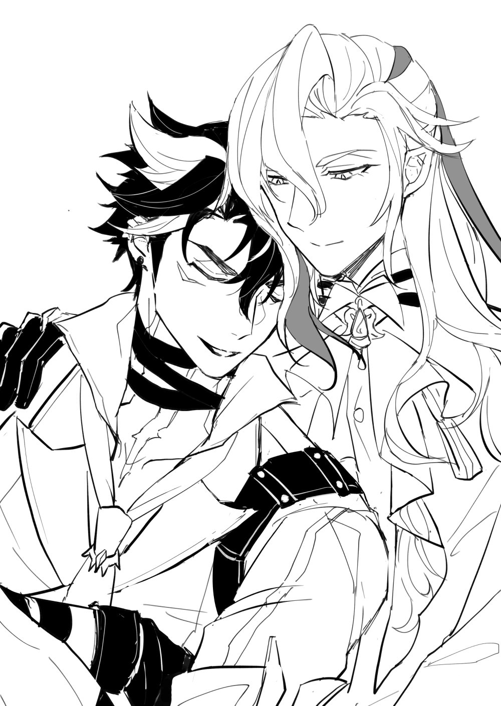 an anime illustration of two boys embracing each other. one has long white hair and the other has black hair. the drawing is in black and white and is in line art style. it appears to be a romantic embrace with both boys smiling.