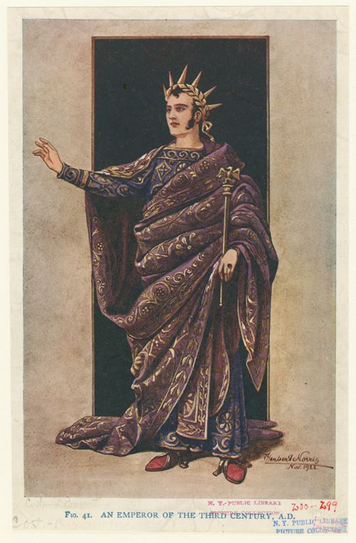 illustration of a man dressed as an emperor of the third century ad. he is wearing a crown, a purple and gold robe, and holding a staff. he stands in front of a dark backdrop.
