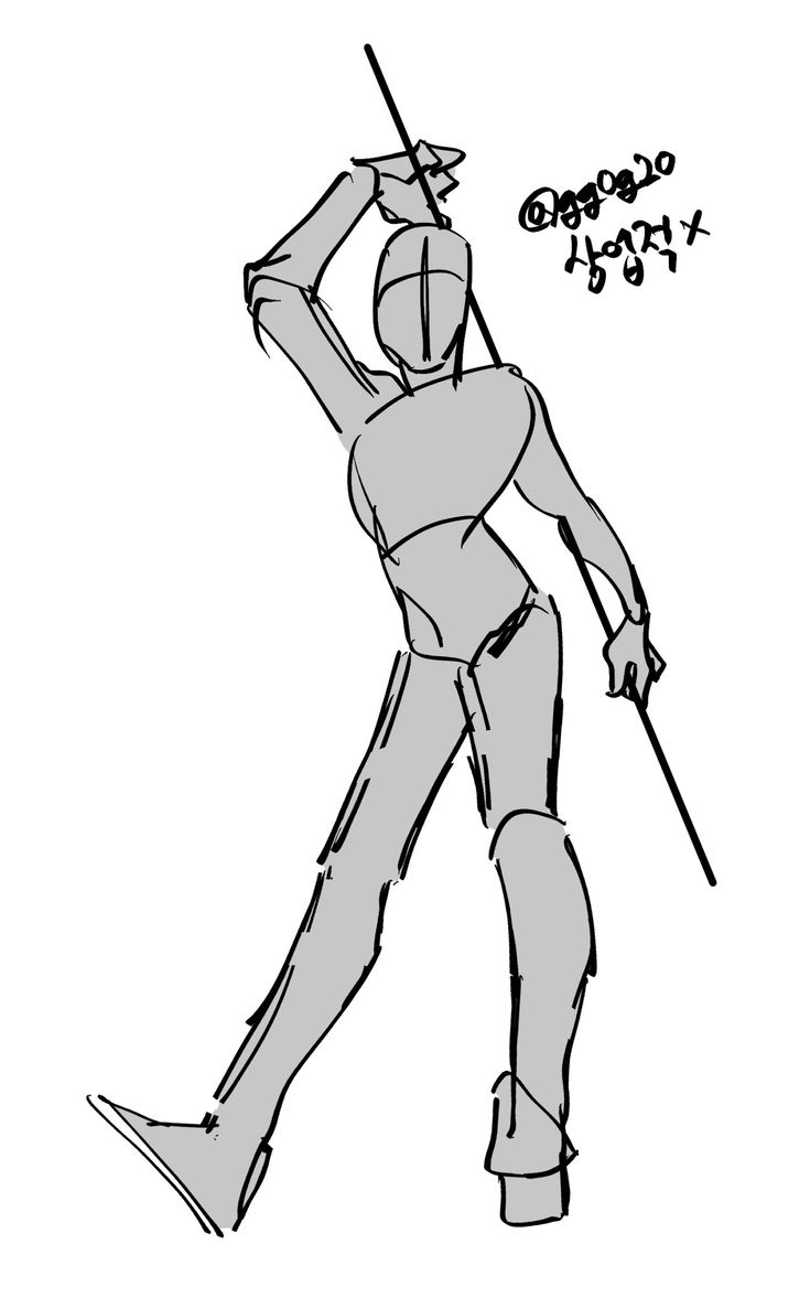 this is a stick figure drawing of a warrior holding a weapon. the drawing is simple but expressive, showing the figure in a dynamic pose. the figure is outlined in black with grey shading.
