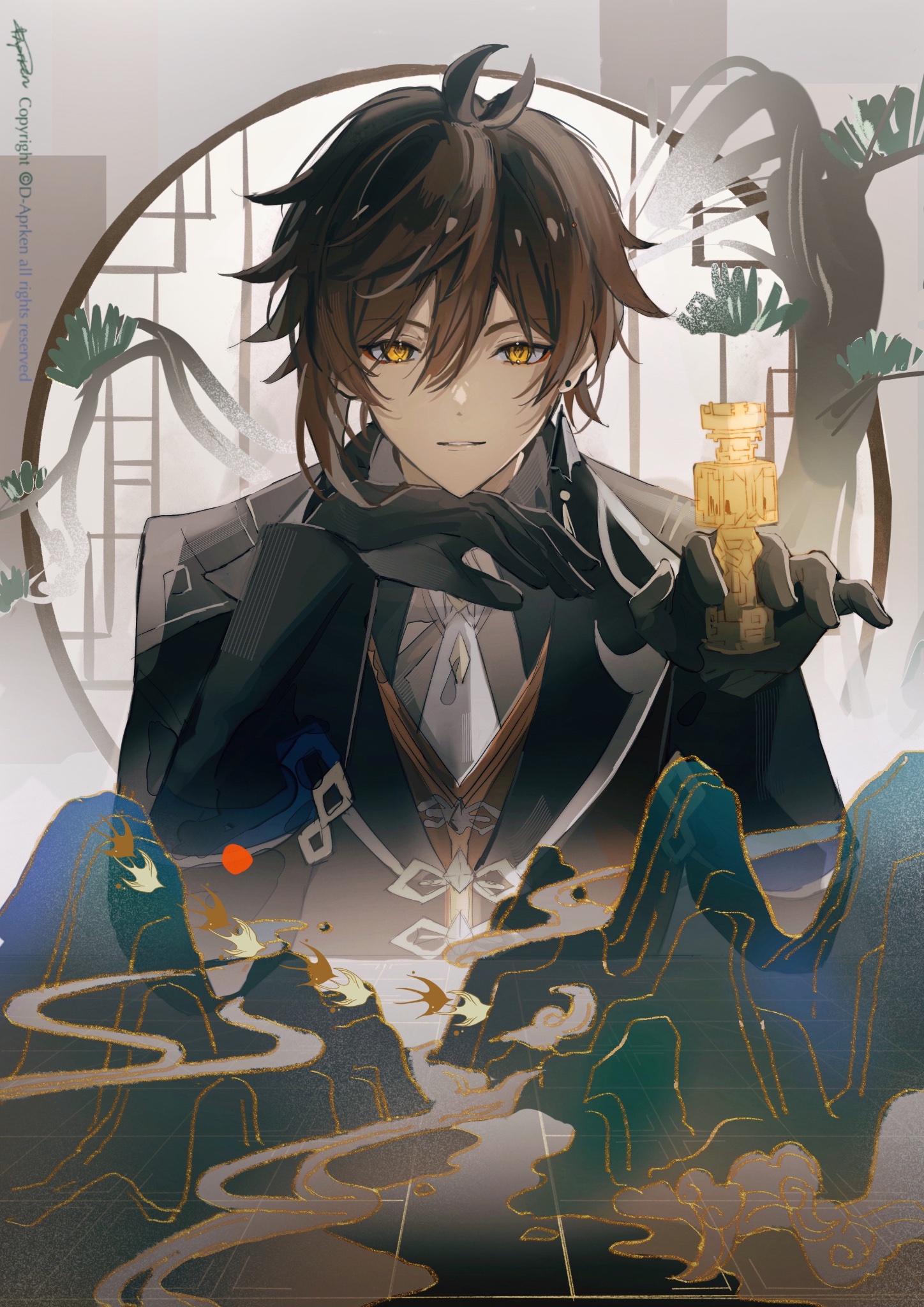 this is a digital illustration of a character from genshin impact, xiao. he is depicted as a handsome anime boy with dark brown hair,  golden eyes, and a slightly menacing expression. he is wearing a black and white outfit with a golden design, and is holding a jade artifact in his right hand. the background is a blurred image of a chineseinspired landscape with golden details.
