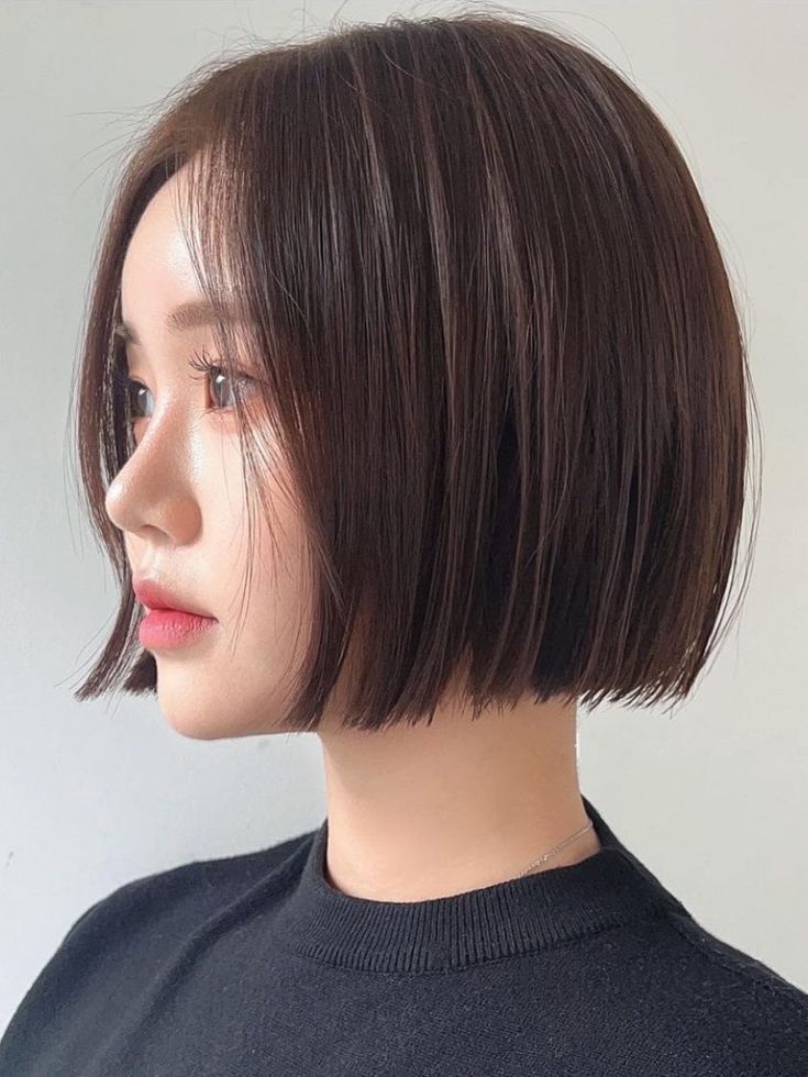 a young woman with short black bob haircut is looking to the side. she is wearing a black top with a simple round neck. her skin is fair, and she has delicate makeup on her face. she is posing for a portrait with a neutral expression on her face.