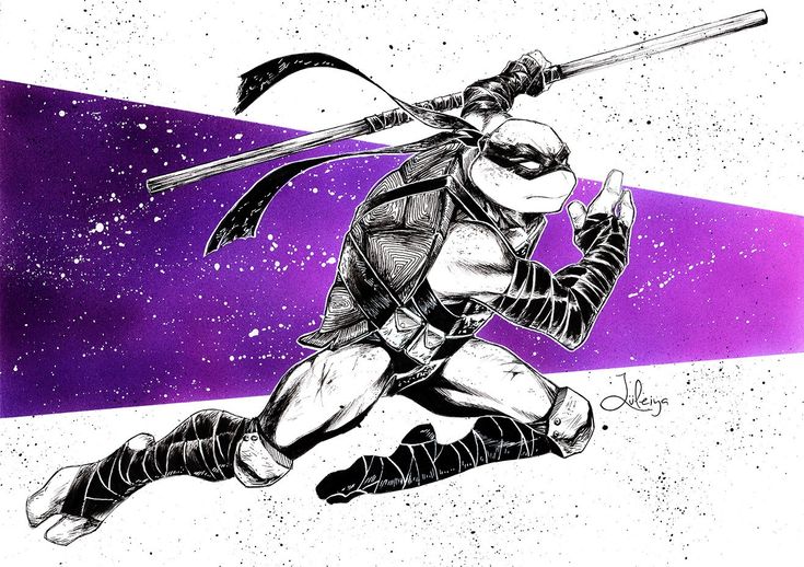 this is a black and white ink illustration of a ninja turtle jumping, holding a bo staff, with a purple splash background.