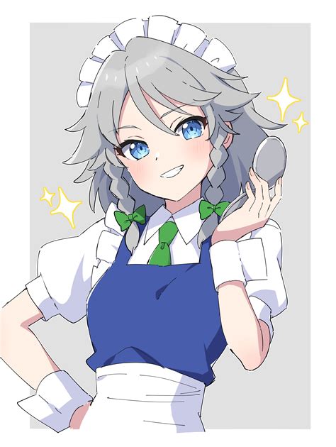 the image is a digital drawing of an animestyle girl dressed as a maid. she has long silver hair styled in braids, bright blue eyes, and a cheerful expression. she's wearing a white maid uniform with blue apron, white cuffs, and a green bow tie. she's holding a compact mirror up to her face, and sparkles are depicted around her, suggesting a scene of vanity or selfadmiration.  the art style is clean and bright, consistent with common anime and manga aesthetics. the character strongly resembles sakuya izayoi from the touhou project series.