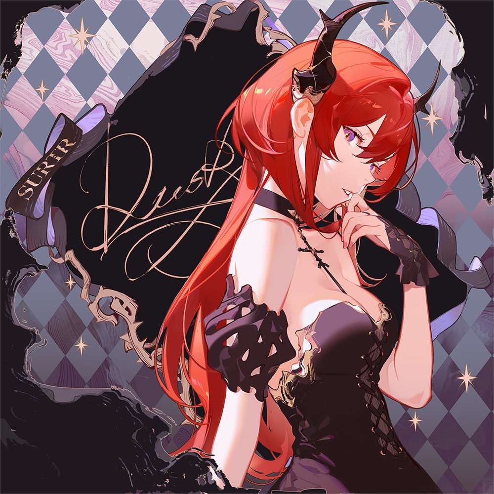 an animestyle illustration features a redhaired girl with horns, wearing a black dress and lace gloves, against a diamondpatterned background with stylized text.