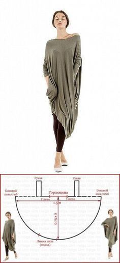 the image shows a woman wearing an olivecolored, loosefitting tunic dress over dark leggings. below the image of the woman is a diagram illustrating the pattern for the dress, indicating the dimensions and shape needed for cutting the fabric. the pattern includes measurements for the neckline, side seams, sleeve openings, and the overall length of the garment.