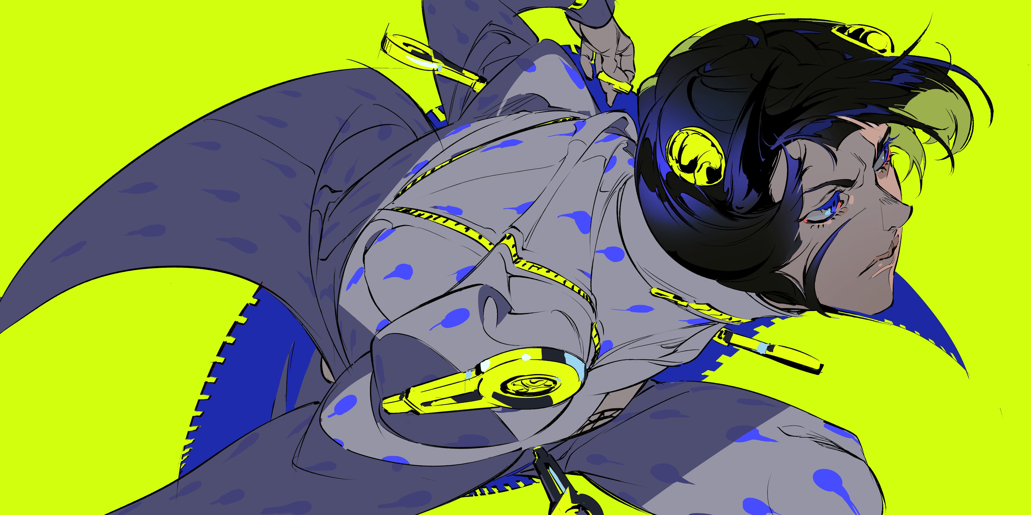 this is an illustration of a stylish anime woman with black hair and blue eyes. she is dressed in a blue and grey outfit with yellow accents. the background is a bright green. the art style is digital and has a strong sense of line art. the woman appears cool and stylish, with a strong sense of character design.
