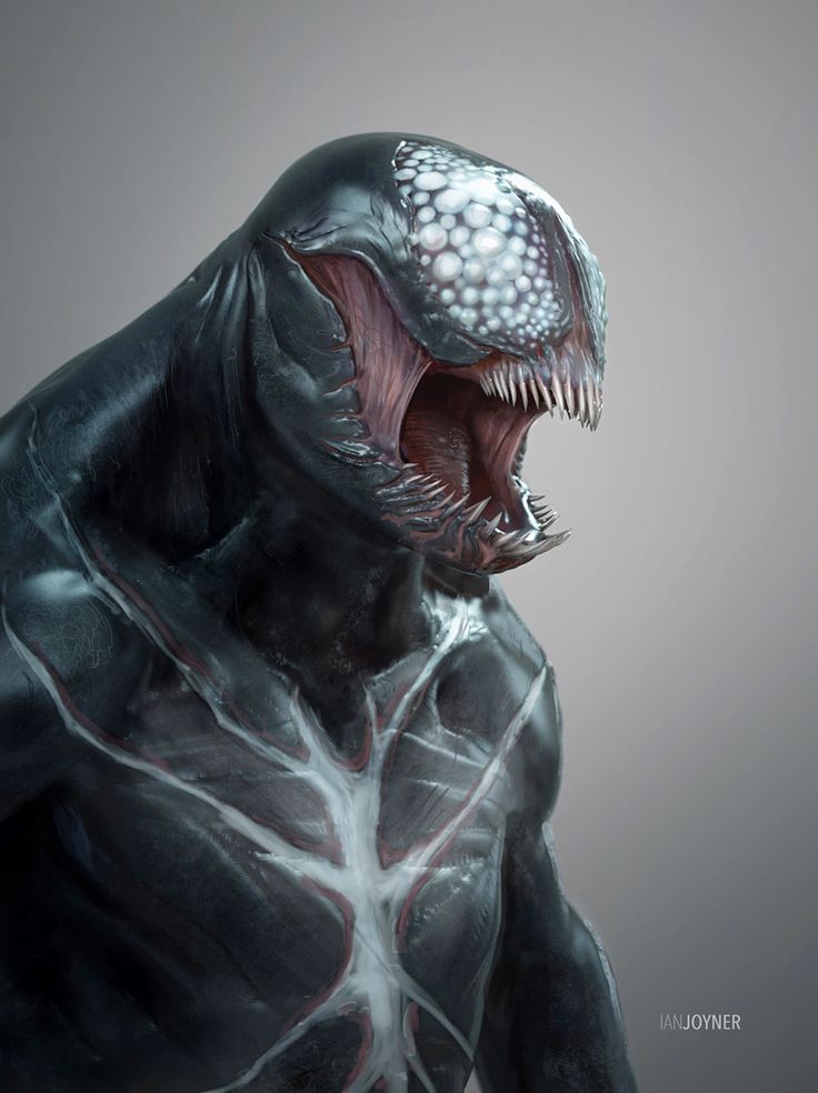 this is a digital rendering of a monstrous, alienlike creature. it has a black, fleshy body with white veins, and its head is almost entirely covered in a white, circular pattern that almost resembles eyes. its mouth is open, revealing sharp, pointed teeth and a red, fleshy interior. this creature is from a fantasy world and appears to be a dangerous, grotesque being.