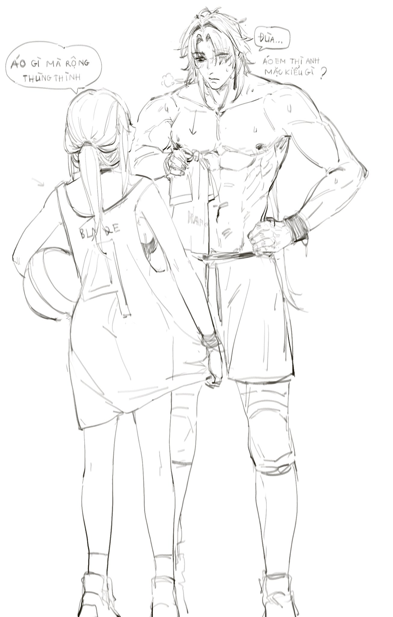 this is a sketch of a cartoon couple. the male character is muscular and toned, with a sporty outfit. the female character is wearing a baggy, athletic shirt that says "ble" and holds a basketball. they are talking about clothes. the image is drawn in a light and whimsical style.