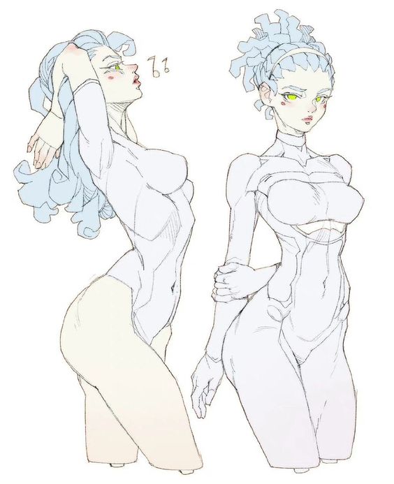 a sketch of two female characters, one on each side of the frame, facing different directions. the character on the left is shown with her arm raised and her head tilted slightly, while the character on the right has both arms lowered and her head facing forward. both characters are wearing white outfits with blue hair, have a similar body shape, and share a similar facial structure.