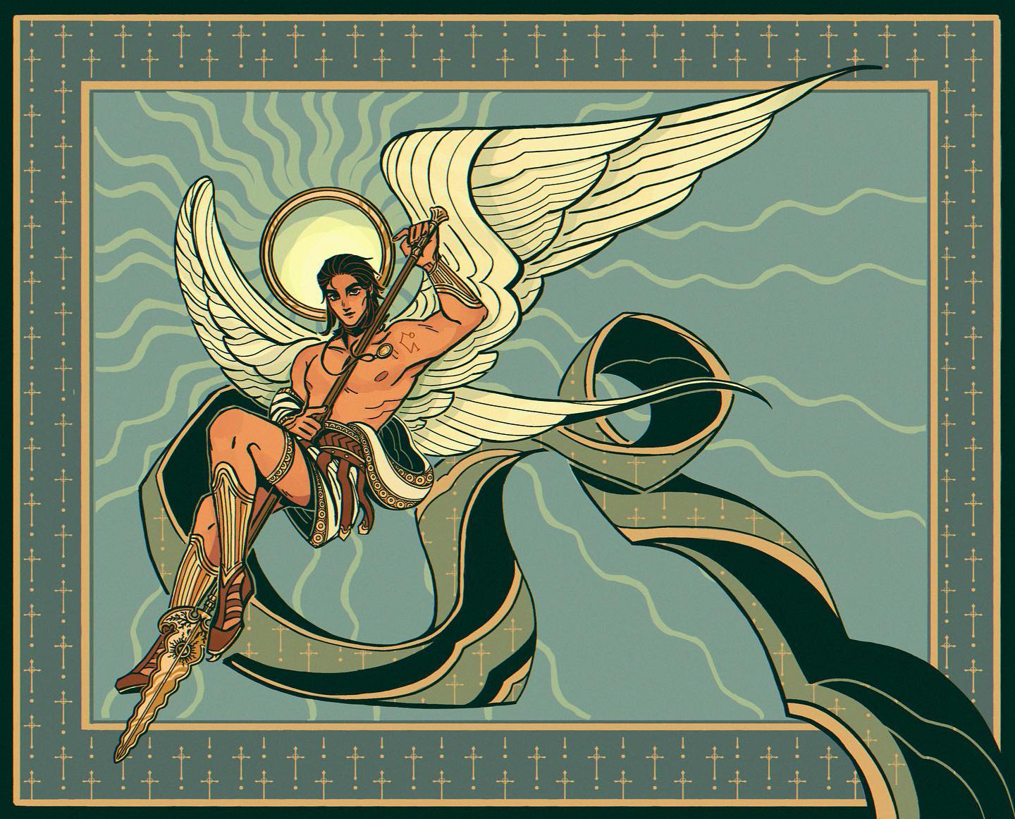 the image depicts a stylized male angel with large, feathered wings, soaring through the air. he holds a spear or staff and is adorned in classicalinspired attire, suggestive of a warrior or messenger. the angel is rendered in a vintage style reminiscent of art nouveau or art deco, with bold lines and contrasting colors.  the background features a calming, tealtoned sky with wavy patterns, surrounded by an ornate frame containing a repeating cross motif. a dark green ribbon or scroll swirls around the angel, adding to the dynamic composition. the overall aesthetic is both celestial and artistic, suggesting a blend of religious and mythological imagery.