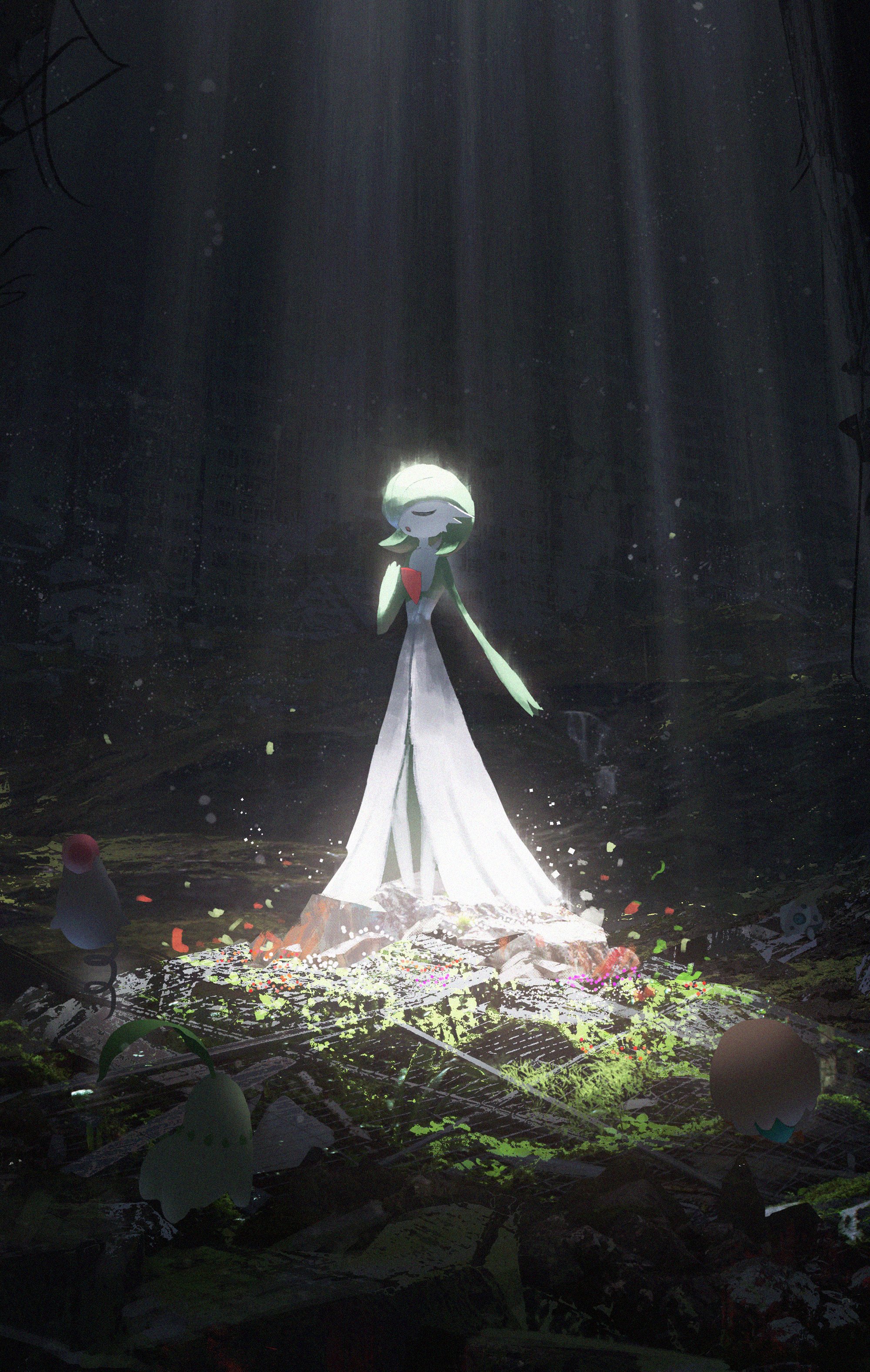 the image depicts a gardevoir, a pokemon known for its psychic abilities and elegant appearance, standing on a mosscovered stone in a clearing within a dark forest. the clearing is filled with scattered debris and overgrown foliage. a bright beam of light illuminates gardevoir from above, highlighting its white, flowing dresslike form and the red orb it holds close to its chest. the overall atmosphere is one of tranquility and magic.