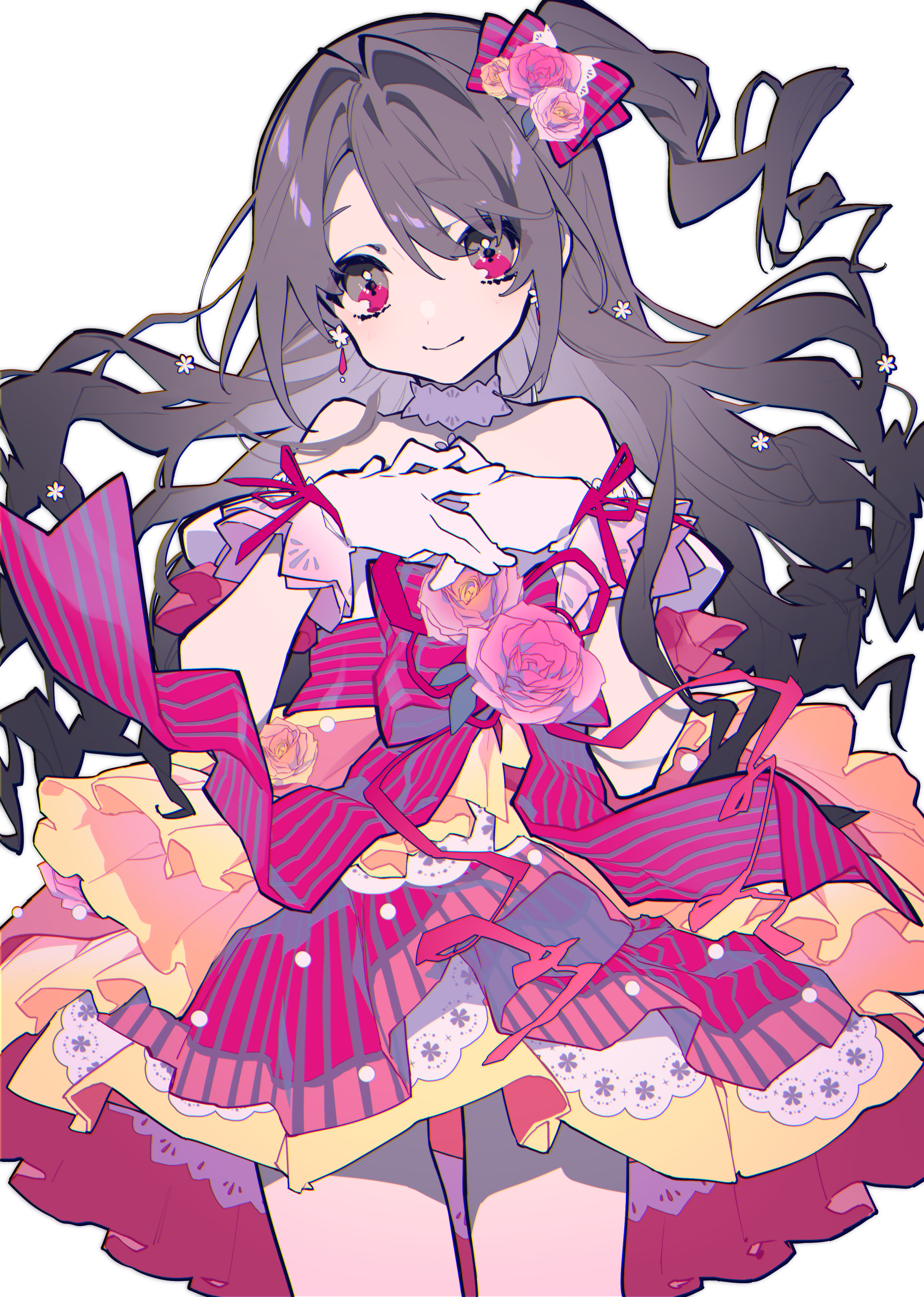 an animestyle girl with grey hair and red eyes wearing a pink and yellow dress with ribbons, roses, and lace. she has a hair ornament with roses and ribbons. she is wearing white gloves and her hands are clasped together in front of her.