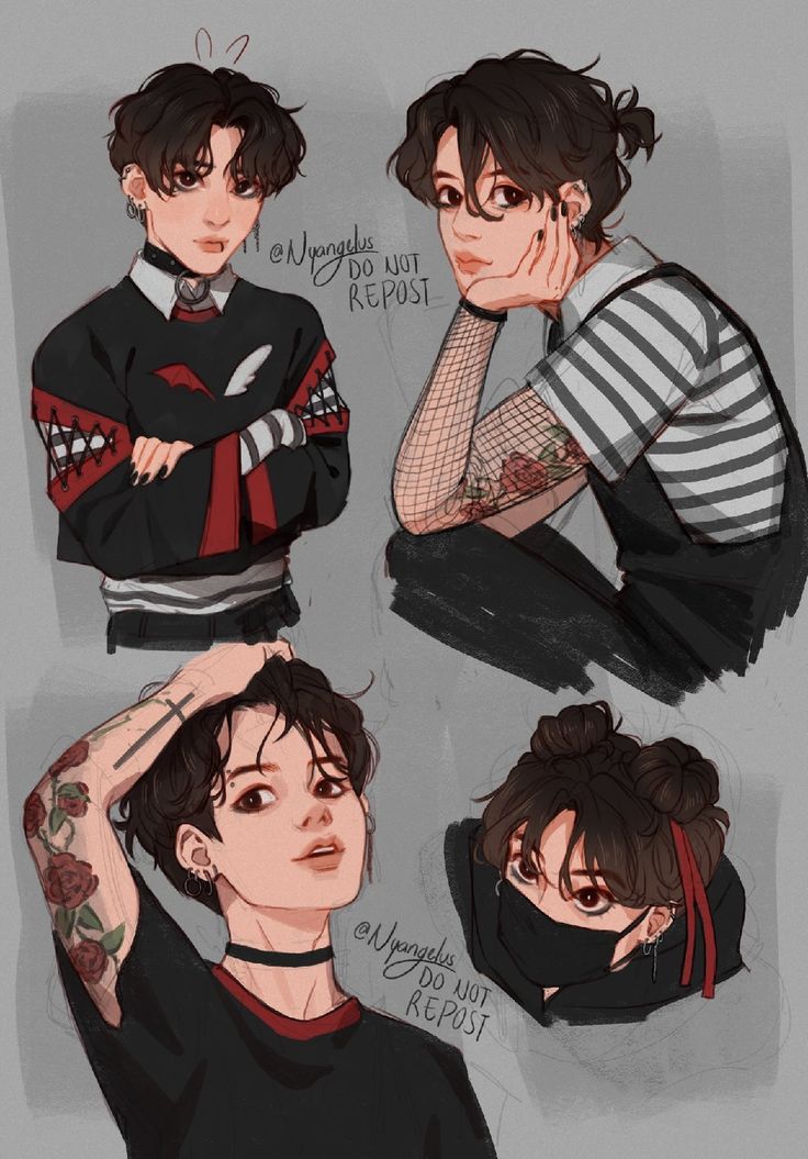 he image contains four different fan art illustrations of jungkook from the kpop group bts. each illustration showcases jungkook in a unique pose and outfit, all within a consistent animeinspired style with a dark, edgy aesthetic.  the outfits feature a combination of black clothing, red accents, and alternativestyle elements like fishnet gloves and chokers.  several illustrations include tattoos and piercings. the style is consistent across all four, with a focus on soft shading and a muted color palette. each drawing is digitally rendered and incorporates the artist's watermark instructing against reposting.