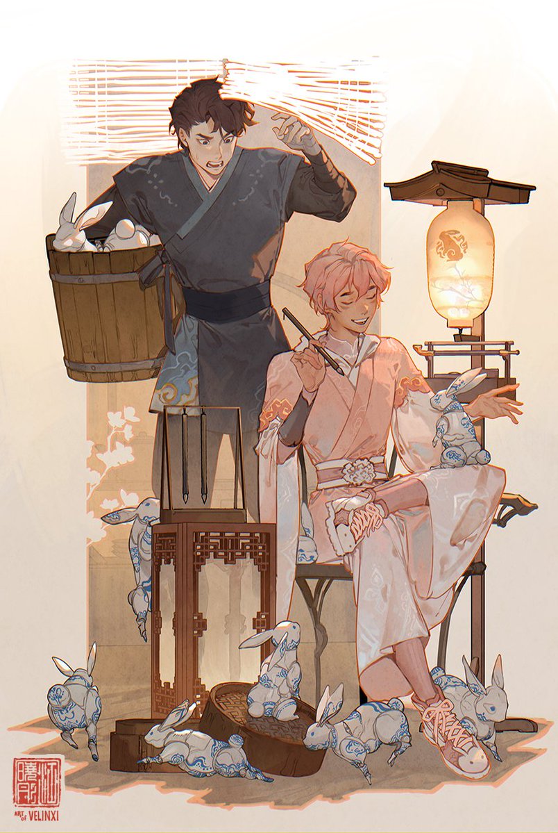 two men are in a room filled with porcelain rabbits. one man is standing and carrying a bucket full of rabbits. the other man is sitting in a chair and holding a brush. there is a lantern next to him and a table in front of him. the room is lit by blinds.