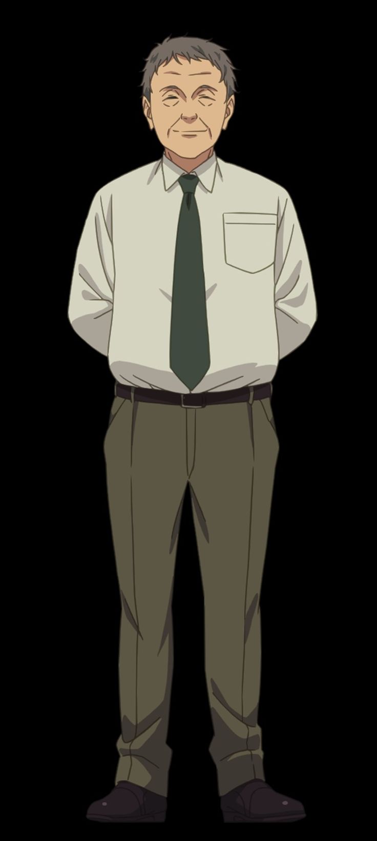 an illustration of an anime man in a white shirt, green tie, and brown pants, standing and smiling at the viewer. he is drawn in a cartoon style with black outlines. the background is black.