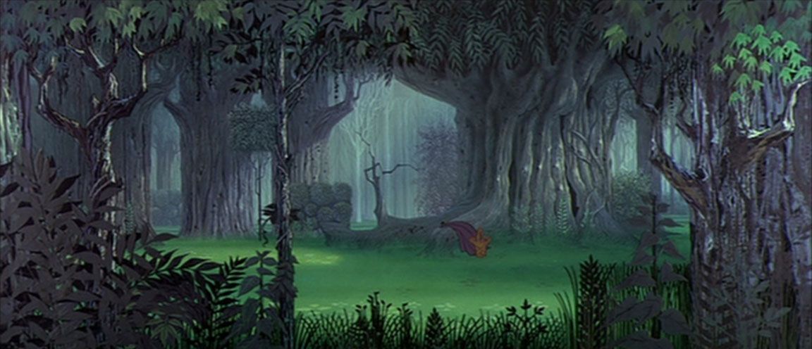 a woman in a long pink dress is lying asleep in a small clearing in the middle of a forest. the forest is overgrown, dark, and mysteriouslooking with a canopy of trees overhead filtering the light.