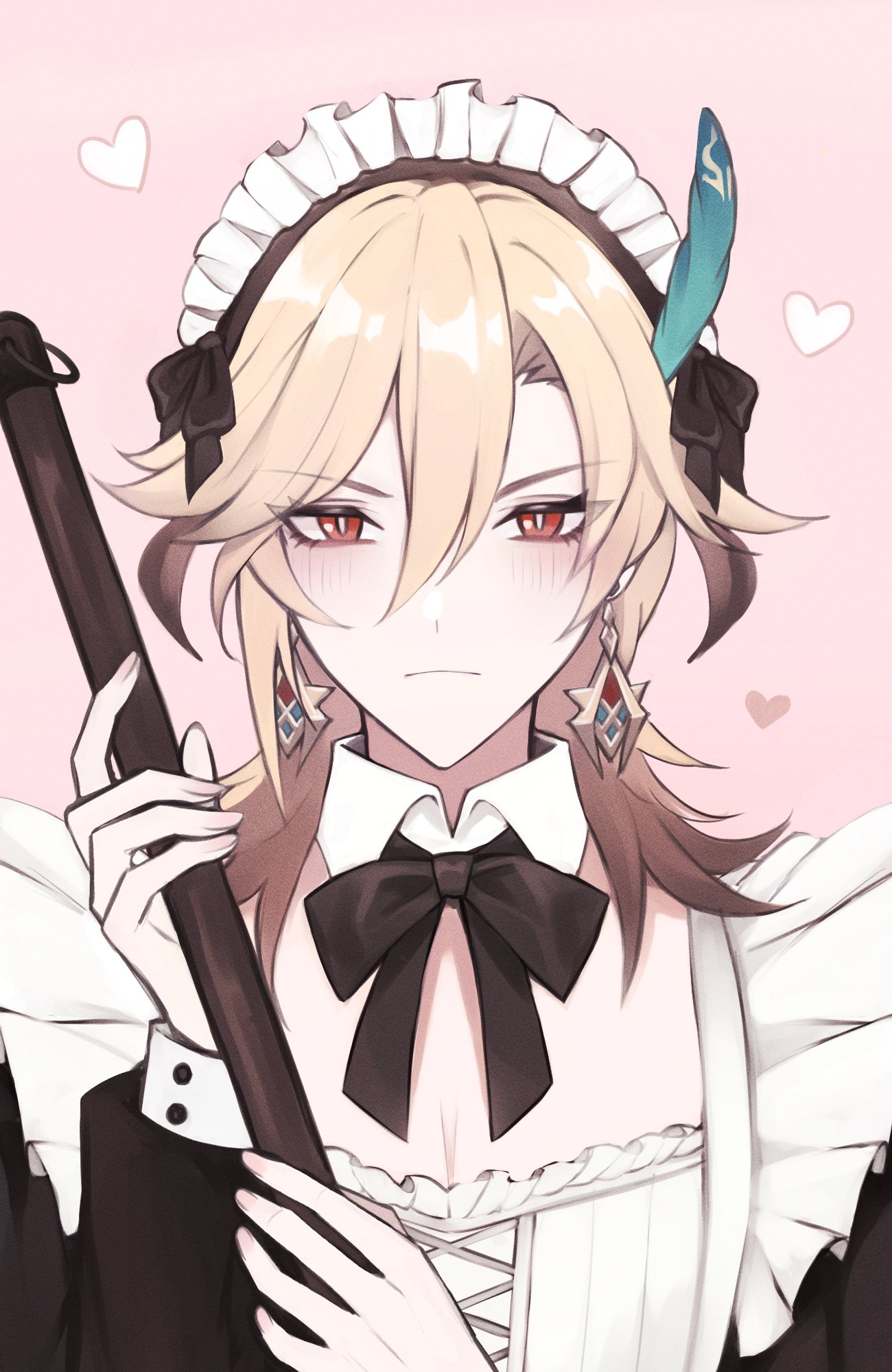 the image is a digital illustration of an anime girl dressed as a maid. she has long, flowing blonde hair, red eyes, and a sweet expression. she is wearing a white maid's dress with a black bow at the neck and a black collar. she is also wearing black and white frilly sleeves and a white apron with lace trim. the image includes hearts in the background and the maid is holding a staff in her hands.