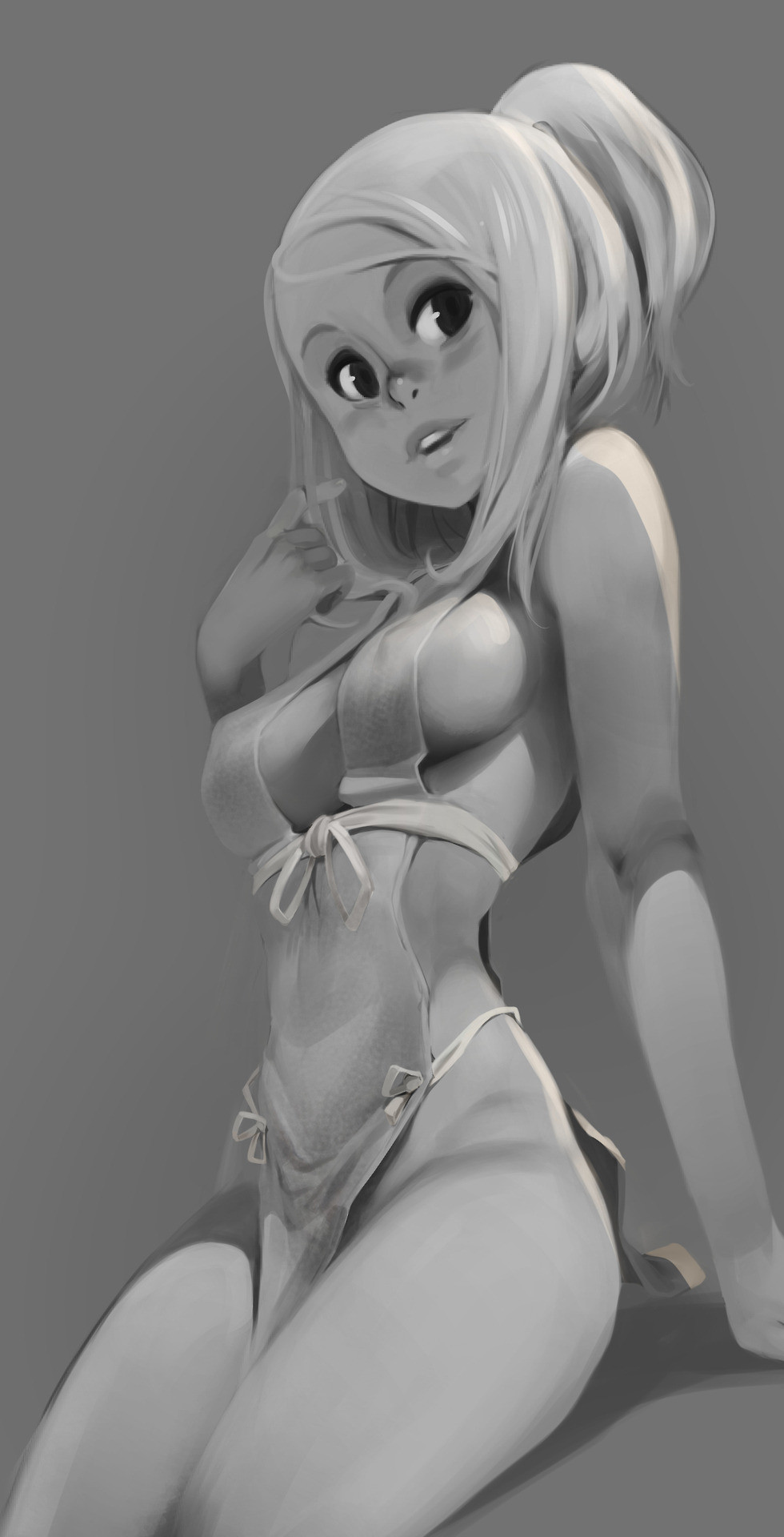 a grayscale digital art illustration of a young woman sitting on the floor. the woman's hair is long and pulled back off her face, and her large eyes are looking to the left. she is wearing a sleeveless, white dress with a vneck. the fabric is creased. she is sitting with her knees pulled up and her hands resting on her upper legs. the background is plain and neutral,  giving the woman a sense of focus and drawing attention to her.