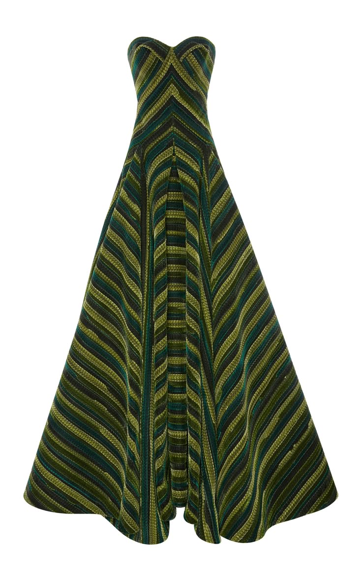a strapless, floorlength dress with an aline skirt is shown on a white background. the dress is made of a striped fabric with varying shades of green and olive. the bodice is fitted, and the skirt flares out from the waist.