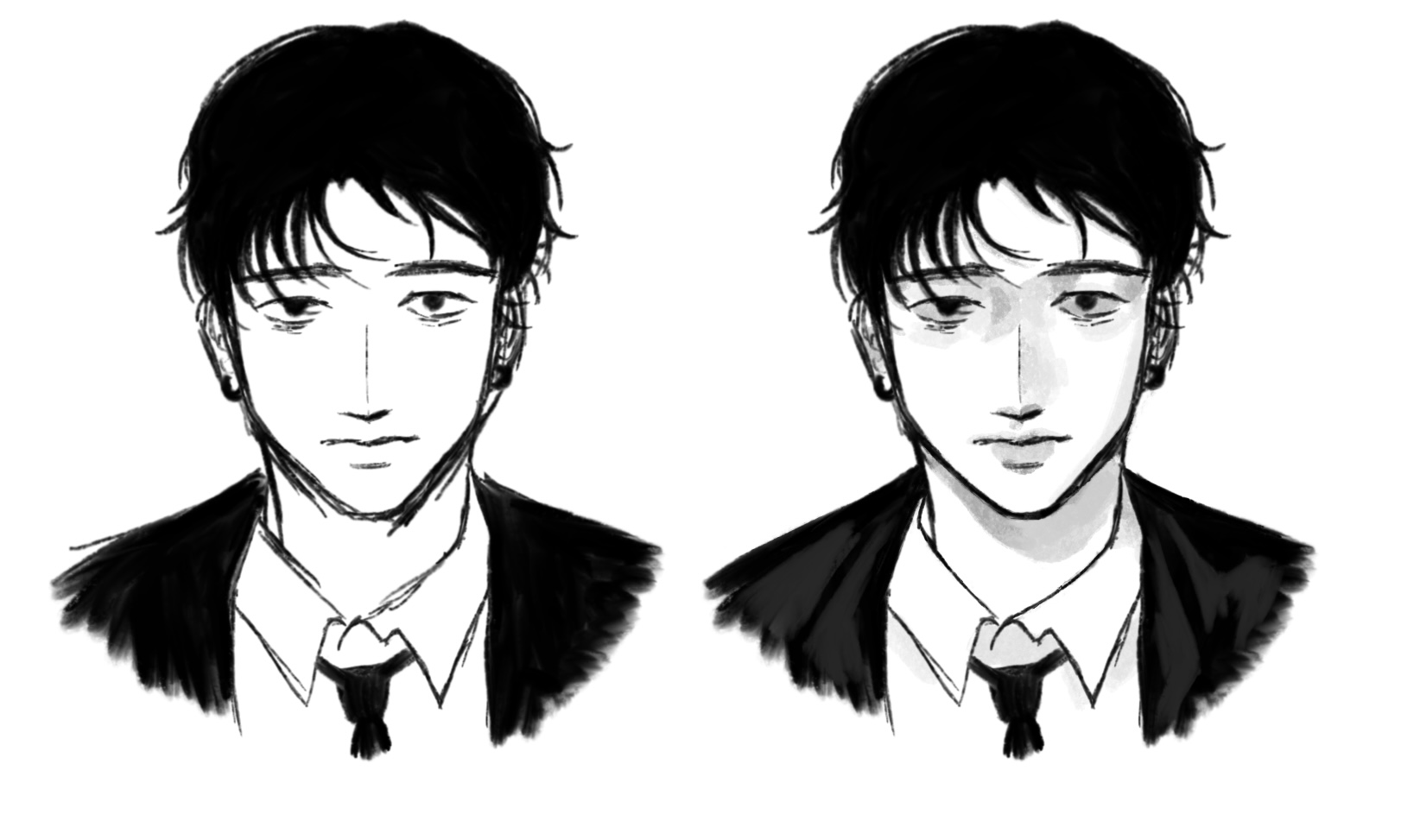 the image presents a sidebyside comparison of two nearly identical black and white sketches of a man.  both portray a young man with short, dark hair, wearing a suit and tie. his expression is serious or perhaps slightly somber. the main difference between the two drawings lies in the shading and the application of light and shadow, which gives one drawing a softer, more subtle look compared to the other with more defined contrast. both drawings are done in a style reminiscent of manga or anime.