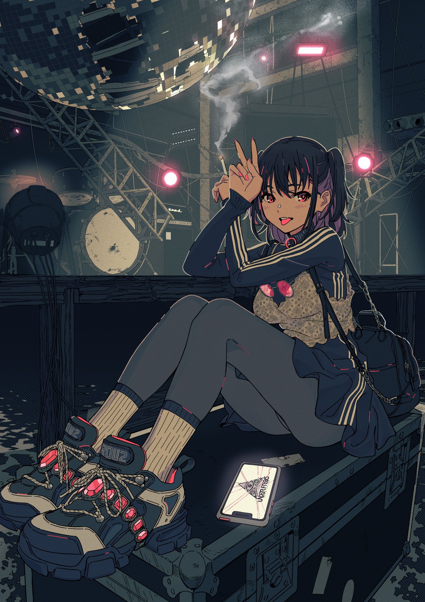 he image is a digital illustration of an animestyle girl sitting on a piece of stage equipment backstage at a concert. she's wearing dark clothing with adidas stripes and guccistyle sneakers. she's smoking a cigarette and making a peace sign. the setting is dark and gritty, with a cyberpunk aesthetic.  a disco ball hangs above and there are other stage elements visible.  a glowing phone lies next to her. the overall style is a mix of detailed linework and darker, more muted colors, giving it a somewhat melancholic yet stylish vibe.