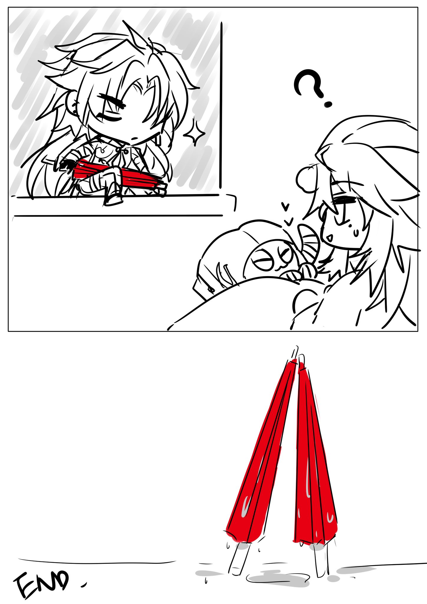 this is a comic strip with a cute anime style art. it features a story of two girls, one is sleeping and another is looking at her with a questioning look. this is the last panel of the comic and there is an "end" text. there are two red umbrellas in the bottom part of the panel.