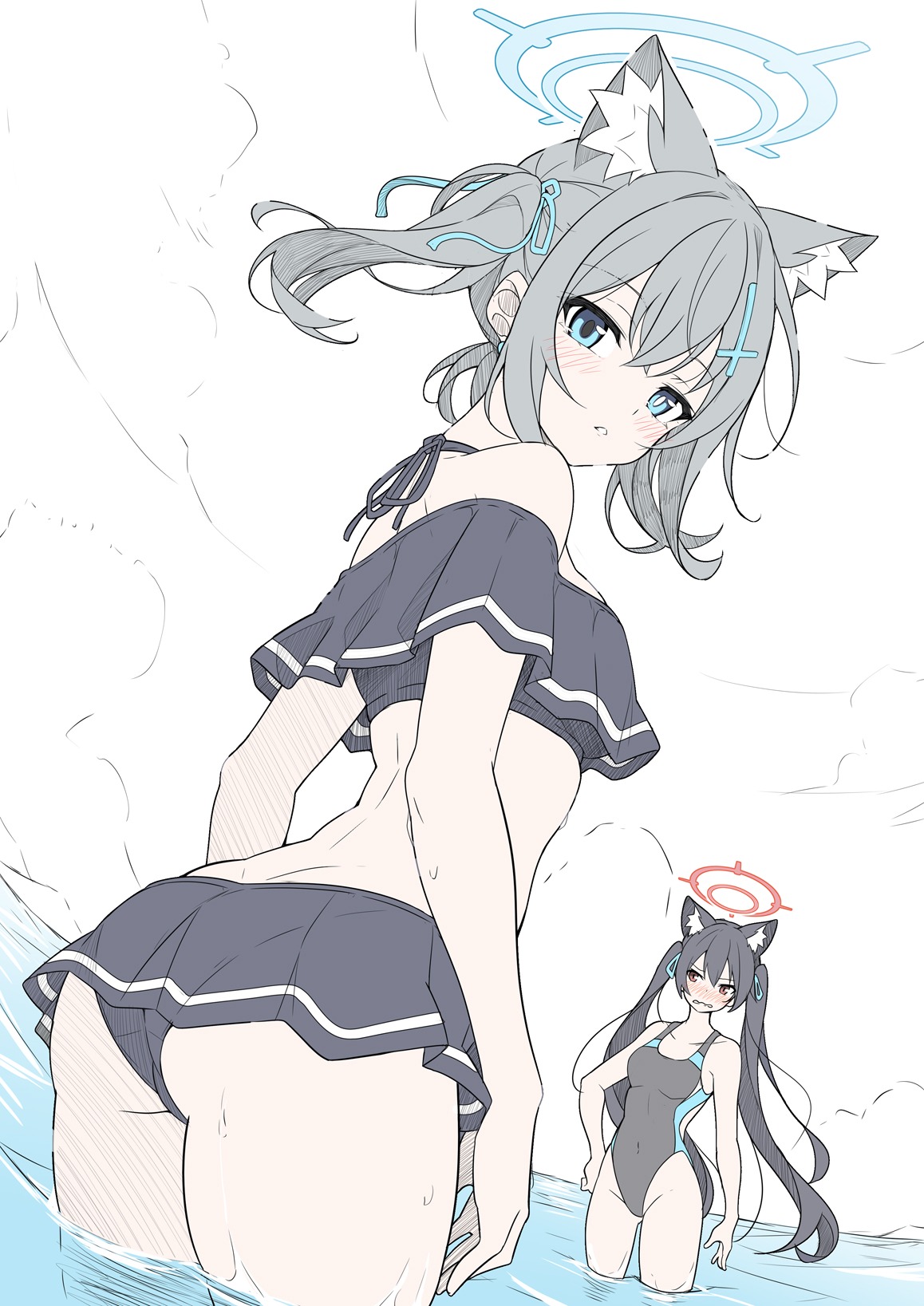 the image shows two anime girls at the beach. the main focus is on the girl in the foreground, who has gray hair with fox ears and a tail. she's wearing a dark blue sailorstyle swimsuit and has a light blue halo above her head.  the second girl, in the background, has black hair and ears, and is wearing a darkcolored, onepiece swimsuit. she's slightly smaller than the first girl. both appear to be enjoying the beach.  the style is light and airy, with soft lines and pastel colors. the background is simple, suggesting a sunny day at the beach.