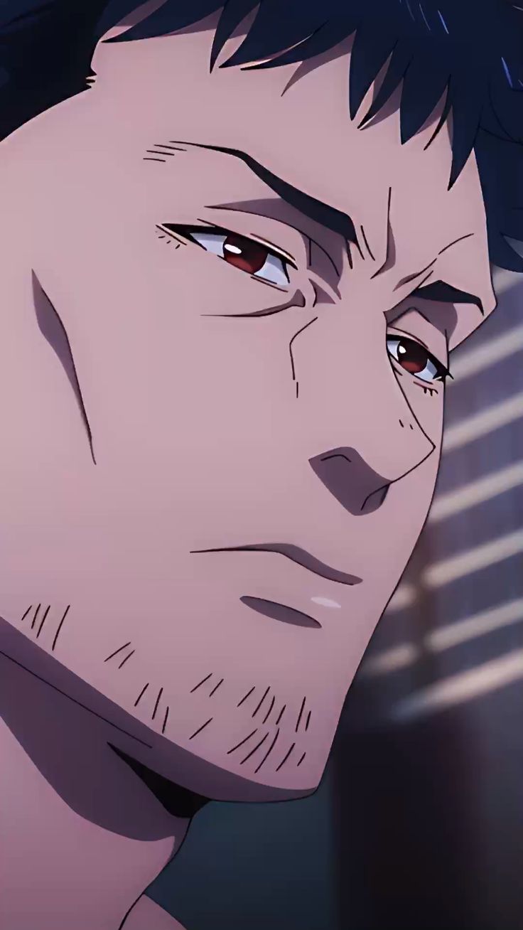 a closeup portrait of an anime man with short, dark hair and a serious expression. the lighting suggests an indoor setting, likely lit by an artificial light source.