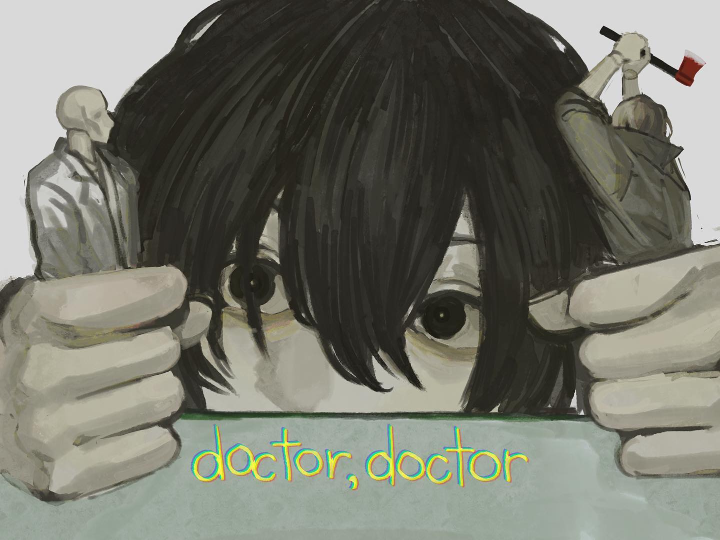 the image shows a young man with short black hair, peering intently at the viewer. his face takes up most of the frame, creating a sense of unease and claustrophobia. he holds two miniature figures in his hands. the figure on the left appears to be a doctor in a white coat, while the figure on the right is a man raising an axe above his head, about to strike the doctor. the word "doctor" is written twice beneath his hands in a childish, uneven script, with each letter shaded in a slightly different color. the color palette is muted and cold, with shades of grey, green, and brown dominating the scene. the overall effect is one of unsettling ambiguity, suggesting themes of mental health, violence, and a distorted perception of reality.