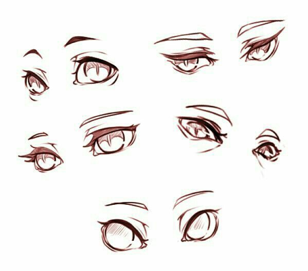 this image is a collection of sketches of anime style eyes. the eyes are drawn from different angles and with various expressions. each eye is depicted with a distinct shape, eyelid crease, and pupil. the lines of the sketch are fine and detailed.
