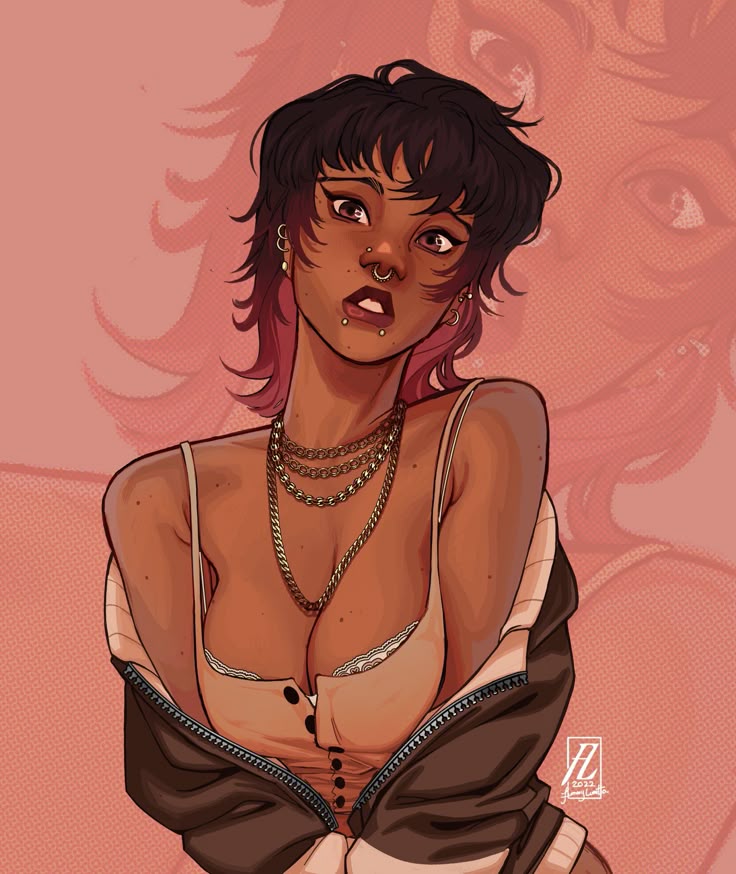 an animestyle illustration of a woman with brown skin and short black hair with pink tips. she has a nose ring, lip ring, and multiple earrings. she is wearing gold chains, a brown jacket, and a lowcut light pink top. there is a mole on her face and the background is a light pink.