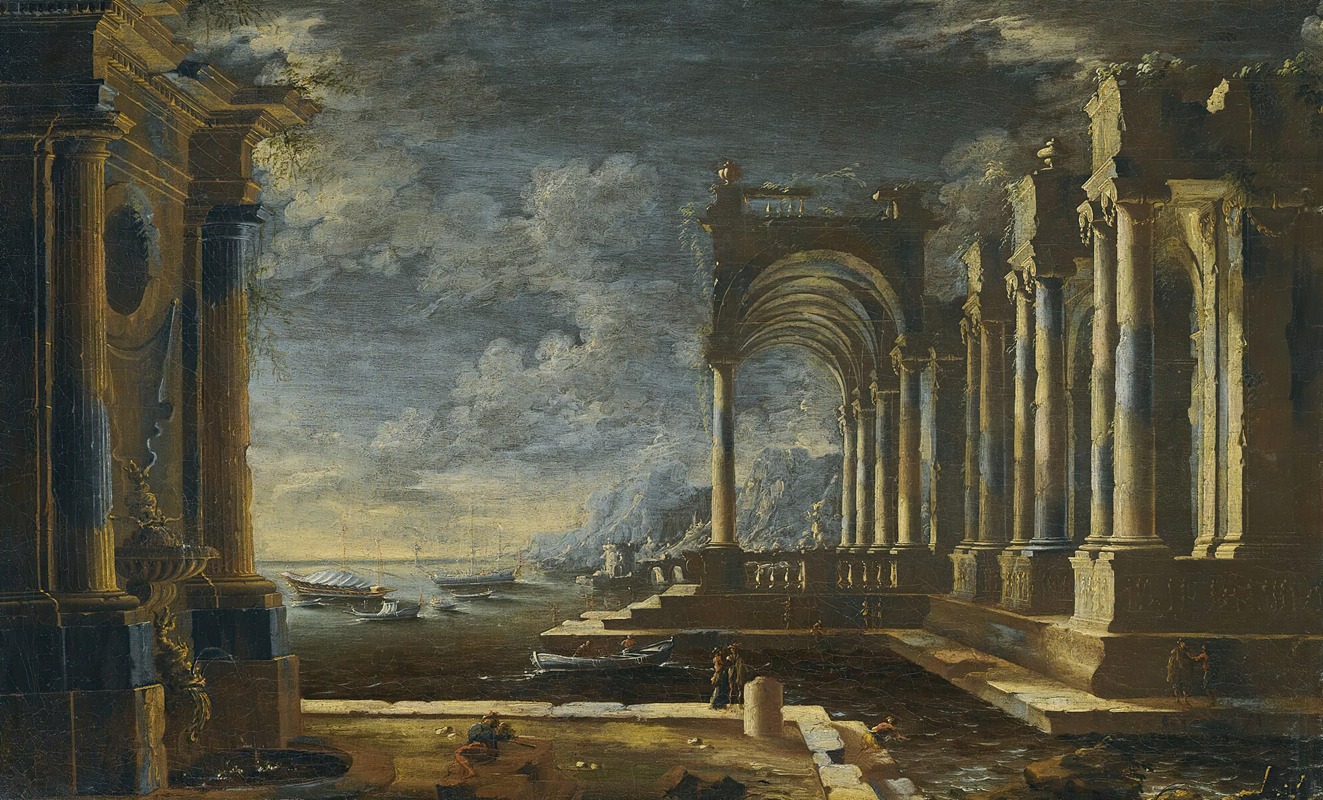 this is a painting depicting a coastal scene with classical architectural ruins. the foreground features large columns and arches, suggesting the remains of an ancient structure. people are seen near the water, and several boats are docked or moving in the harbor. the background shows the sea, a hazy sky filled with clouds, and a distant coastline with more buildings or ruins. the overall atmosphere is one of decay and the passage of time, with a blend of classical grandeur and natural elements.