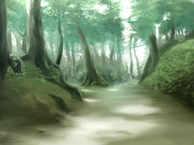 an artistic depiction of a forest path. trees line both sides of the path, their leaves creating a green canopy. light filters through the trees, creating a hazy atmosphere. the path leads into the distance, suggesting depth and exploration.