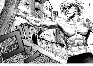 a black and white manga illustration of a muscular man delivering a powerful punch. the perspective is low, emphasizing the man's size and strength. the background features buildings and a street, indicating an urban setting. the art style is detailed and dynamic, capturing the force and impact of the punch. another man in a suit can be seen in the background.