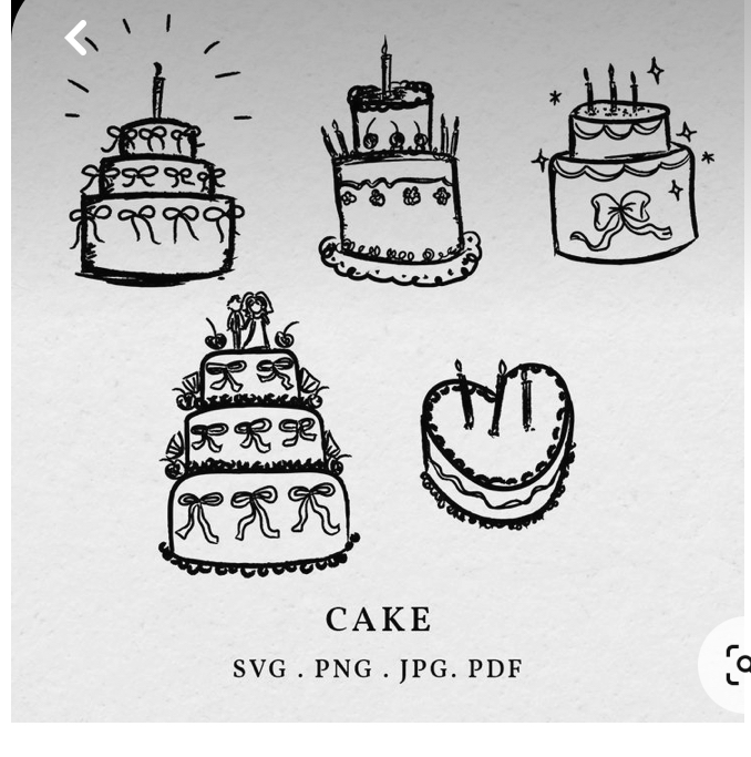the image shows an assortment of five different handdrawn cakes. the cakes are all decorated with various details, such as frosting, candles, and ribbons. the cakes are labeled as "cake," and the image is described as "svg. png. jpg. pdf," which suggests that it is a digital file. the image is likely intended for use in a variety of creative projects, such as invitations, cards, or website designs.