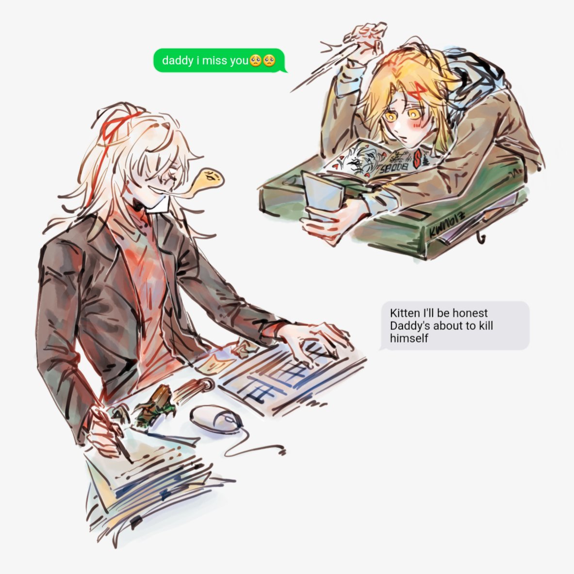 this is a digital drawing of two anime characters. the one on the left is a man with white hair wearing a red shirt, a brown jacket, and black pants. he is looking down at his work on his desk. the one on the right is a man with long yellow hair wearing a brown shirt, a black jacket, and brown pants. he is reading a book and holding a phone. the text message bubble at the top states "daddy i miss you" with sad emojis. the text message bubble on the bottom right states "kitten i'll be honest daddy's about to kill himself." this is a sad illustration of two characters who are clearly missing one another. the man on the left is working hard to distract himself from his sadness, but the man on the right is feeling overwhelmed with his emotions.
